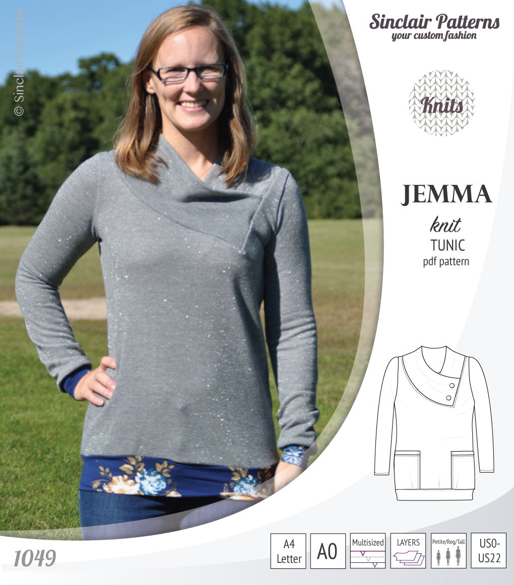 Pdf sewing pattern S1049 Jemma knit tunic with asymmetrical collar and pockets