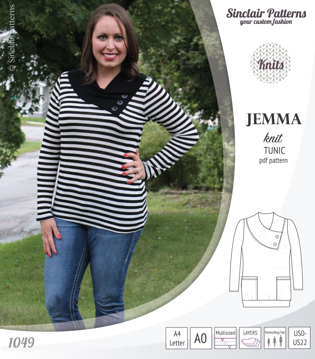 Pdf sewing pattern S1049 Jemma knit tunic with asymmetrical collar and pockets
