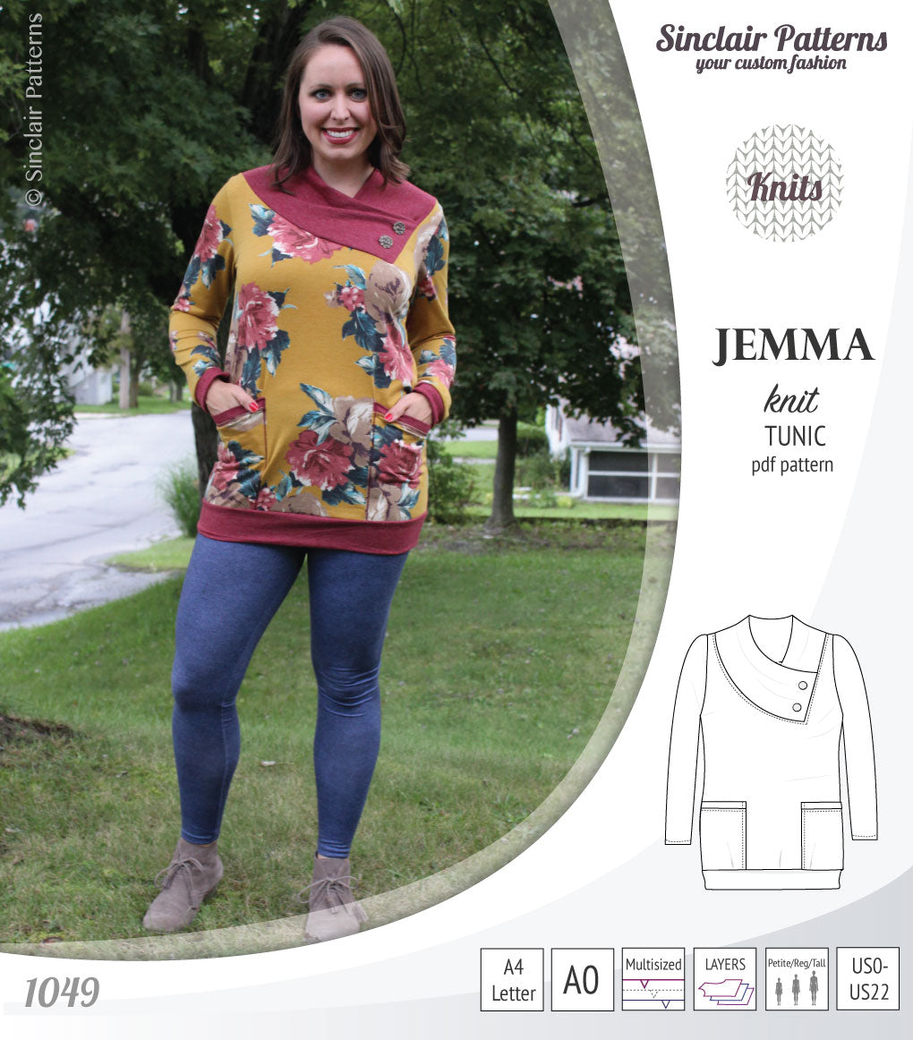 Pdf sewing pattern S1049 Jemma knit tunic with asymmetrical collar and pockets