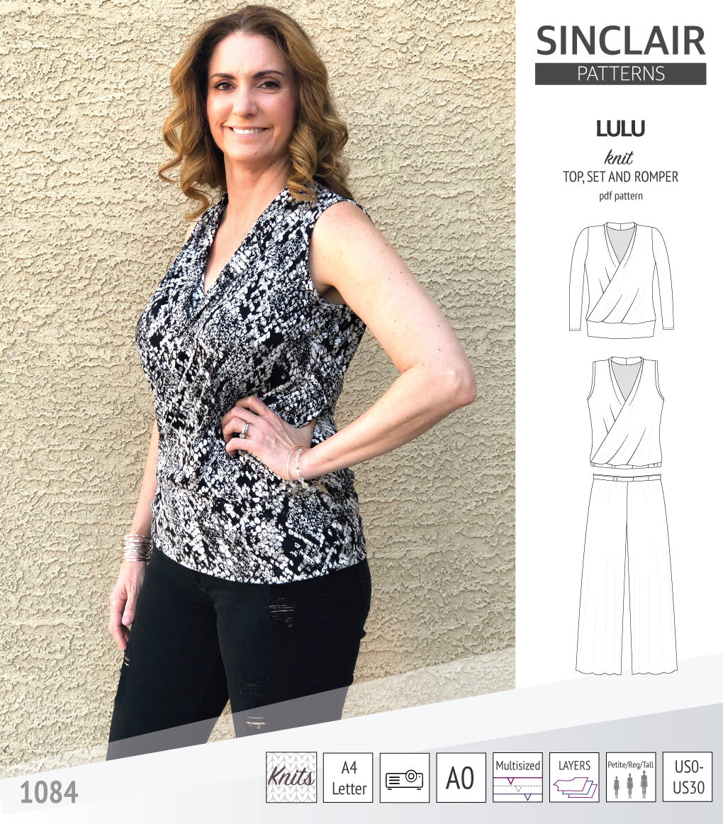 Sinclair Patterns Lulu faux wrap top, set and romper pdf sewing patterns for women