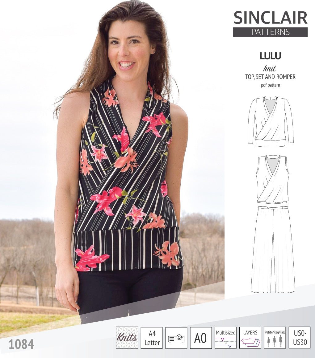 Sinclair Patterns Lulu faux wrap top, set and romper pdf sewing patterns for women