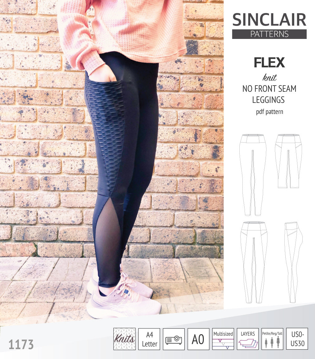 Flex no front seam leggings with colorblocking and pockets pdf sewing pattern Sinclair Patterns